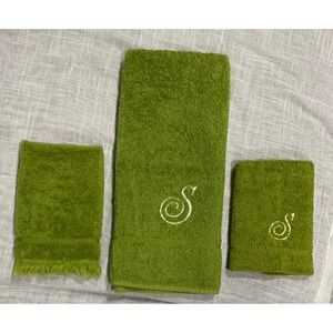 Martex Luxor Cottage Vintage Green Monogram "S" Hand Towel Set Retro Boho Luxe